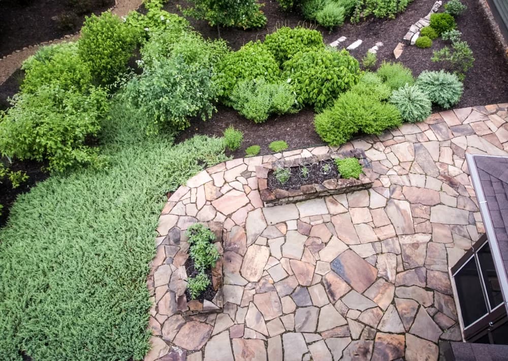Lush garden planting surrounding a natural stone path